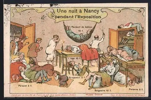 Künstler-AK Nancy, Exposition, Une nuit, Parquet 5 f, Baignoire 10 f, Parterre 5f