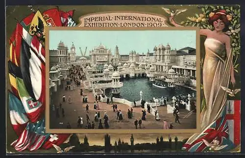 AK London, Imperial International Exhibition 1909, Frau mit Flaggen von England, Amerika und Deutschland, Passepartout