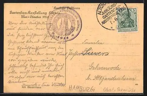 AK Altona, Gartenbau-Ausstellung 1914, Am Bauernhaus mit Statue