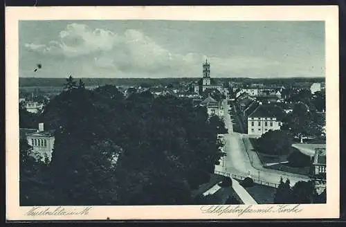AK Neustrelitz, Schlossstrasse und Kirche aus der Vogelschau