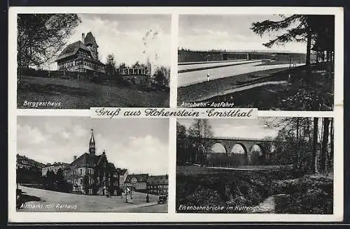 AK Hohenstein-Ernstthal, Berggasthaus, Altmarkt mit Rathaus, Eisenbahnbrücke