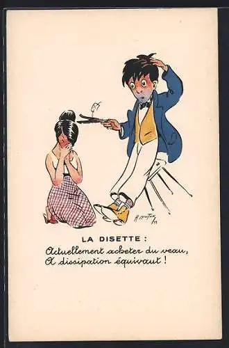 Künstler-AK sign. H. Loutan: La Disette: Actuellement acheter du veau...