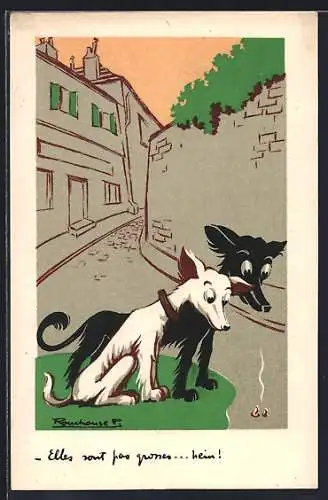 Künstler-AK sign. Rouchouse P.: Zwei Hunde finden Zigarettenstummel auf der Strasse
