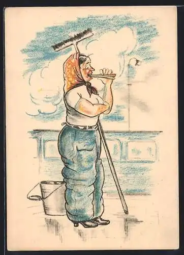 Künstler-AK sign. F. Dus: Eisenbahnerin macht beim Reinigen des Bahnsteigs eine Pause