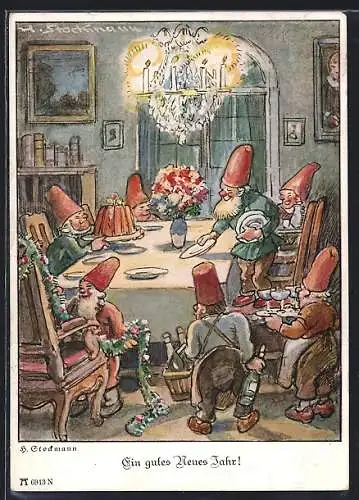 Künstler-AK sign. H. Stockmann: Zwerge feiern mit Kuchen und Sekt, Neujahrsgruss