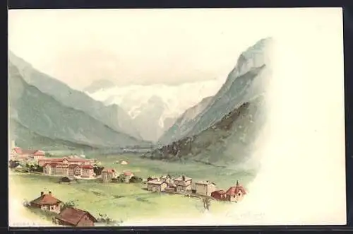 Lithographie Engelberg, Totalansicht mit schneebedecktem Berg