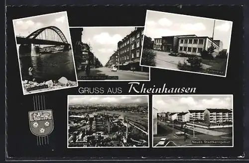 AK Rheinhausen / Rhein, Rheinbrücke, Friedrich-Alfred-Strasse, Hallenbad, Hüttenberg, Neues Stadtkerngebiet