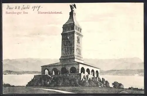 AK Berg / Starnberger See, Bismarckdenkmal mit Seepanorama