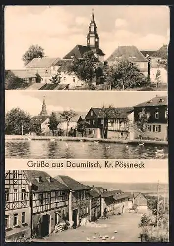AK Daumitsch, Kirche, Uferpartie, Strassenpartie