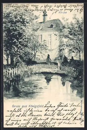 Künstler-AK Königsfeld / Baden, Uferpartie mit Kirche