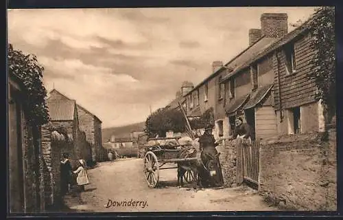 AK Downderry, Frau mit Eselkarren und zwei Kinder