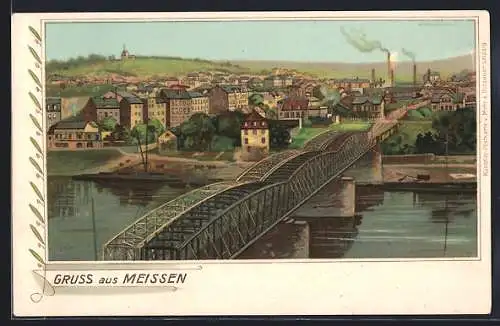 Lithographie Meissen / Elbe, Ortsansicht mit Brücke