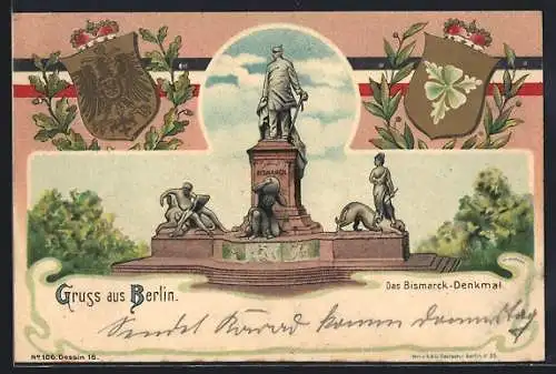 Lithographie Berlin, Wappen mit Portrait Bismarcks, Partie am Bismarckdenkmal