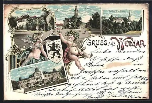 Lithographie Weimar / Thüringen, Schloss Tiefurt, Schloss Ettersburg, Schloss Belvedère