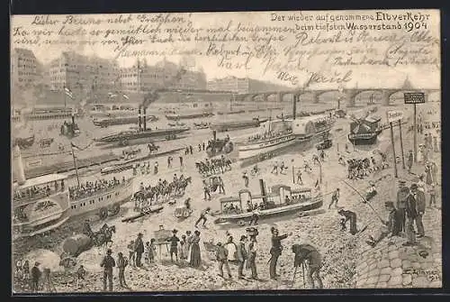 AK Dresden, Der wieder aufgenommene Elbverkehr beim tiefsten Wasserstand 1904