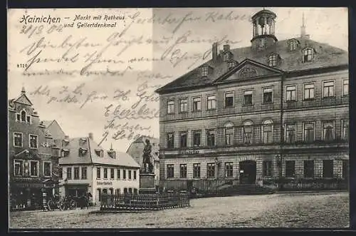 AK Hainichen / Sa, Markt mit Rathaus und Gellertdenkmal