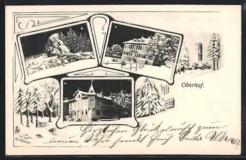 Lithographie Oberhof / Thüringen, Hotel, Denkmal u. Ortspartie bei Nacht, Wald, Passepartout