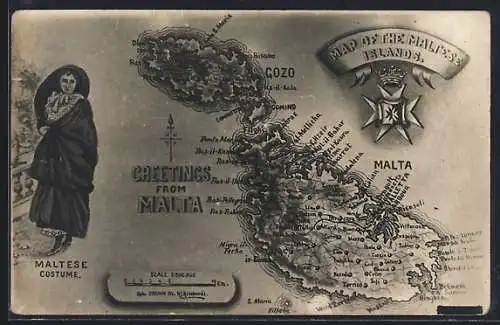 AK Malta, Maltese Costume, Map of the Maltese Islands
