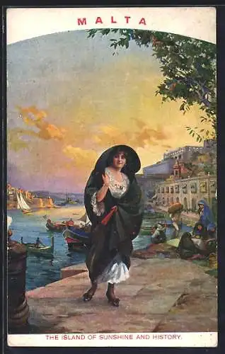 Künstler-AK Malta, Ortspartie mit Frau und Booten