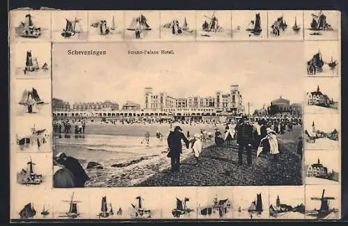 AK Scheveningen, Strand-Palace Hotel, Windmühle, Frau mit Kind Uferpartie, Passepartout