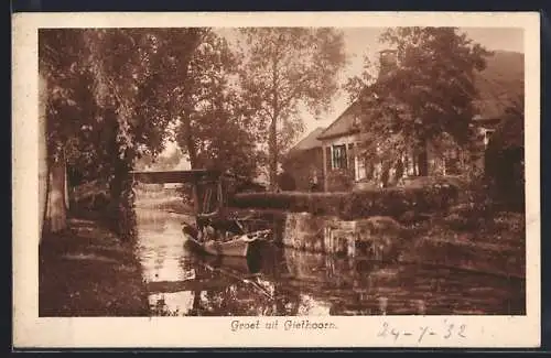 AK Giethoorn, Hollandsch Venetie, Uferpartie mit Boot