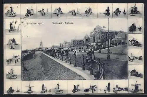 AK Scheveningen, Boulevard und Kurhaus, Windmühle, Frau mit Kind, Strassenpartie, Passepartout