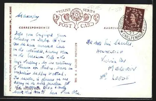 AK Bourton-on-the-Water, Uferpartie mit Brücke