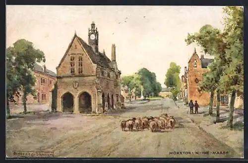 Künstler-AK Moreton-in-the-Marsh, Strassenpartie mit Schafherde