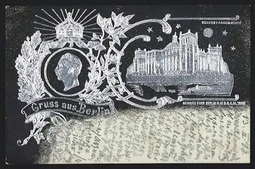 Künstler-AK Berlin-Tiergarten, Reichstagsgebäude und Kaiser Wilhelm II