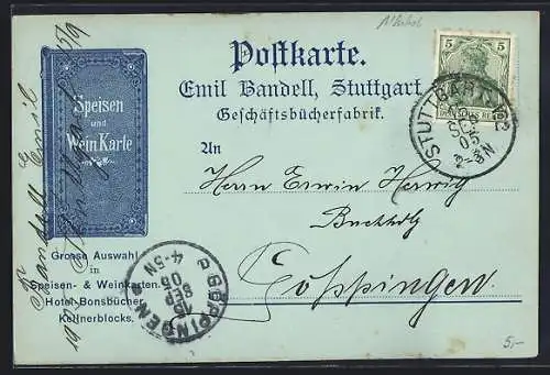 Mondschein-Künstler-AK Stuttgart, Hotel Bonsbücher, Korrespondenzkarte Emil Bandell