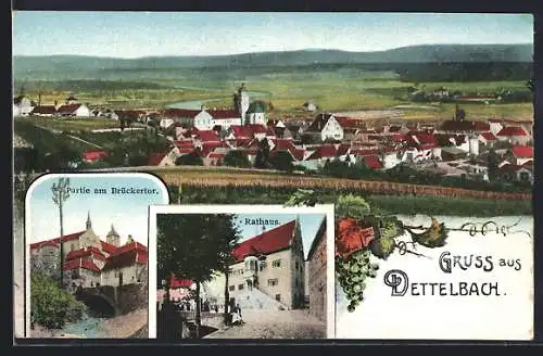 AK Dettelbach, Rathaus mit Partie am Brückertor inklusive Ortsansicht