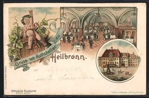 Lithographie Heilbronn, Restaurant Ratskeller, Innen- und Aussenansicht
