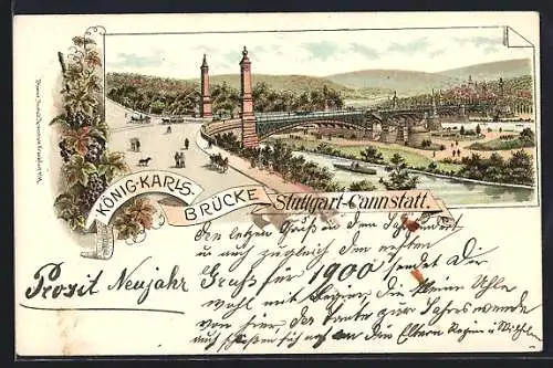 Lithographie Stuttgart-Cannstatt, Blick auf die König-Karls-Brücke
