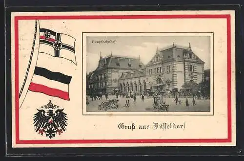 AK Düsseldorf, Blick auf das Rathaus, Reichsfahne und Reichskriegsfahne