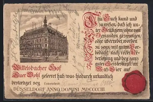 Künstler-AK Düsseldorf, Gaststätte Wittelsbacher Hof mit Urkunde