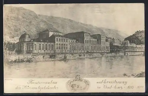 Künstler-AK Bad-Ems, Theaterneubau des Kursaalgebäudes und Erweiterung 1913-14