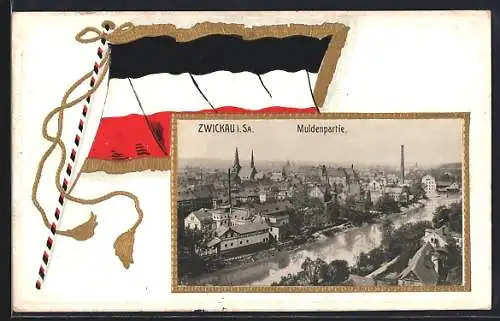 AK Zwickau i. Sa., Muldenpartie und Reichsfahne