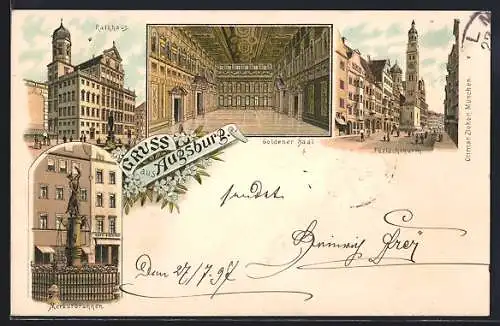 Lithographie Augsburg, Goldener Saal, Rathaus, Perlachturm