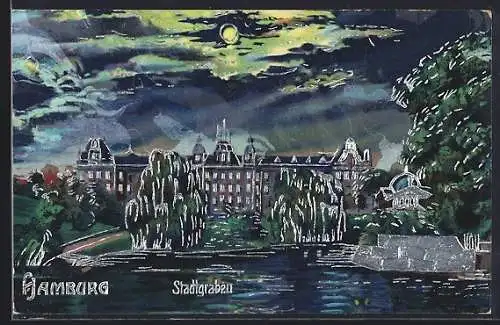 Künstler-AK Hamburg-St.Pauli, Wasserpartie am Stadtgraben