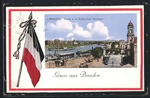 AK Dresden, Partie a. d. Brühlschen Terrasse und Reichsfahne