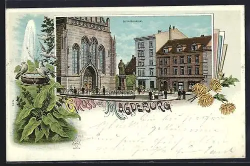 Lithographie Magdeburg, Lutherdenkmal und Springbrunnen