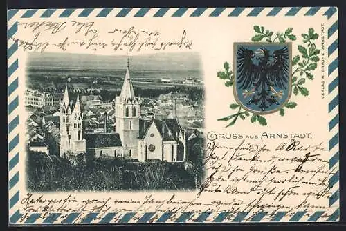 Präge-AK Arnstadt, Blick auf den Ort mit Wappen