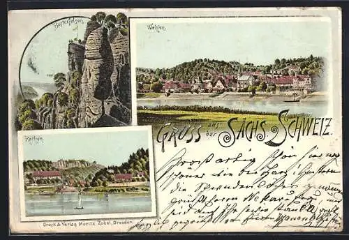 Lithographie Wehlen / Sächs. Schweiz, Basteifelsen, Blick über die Elbe auf den Ort