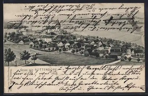 Künstler-AK Rottendorf, Ortsansicht aus der Vogelschau