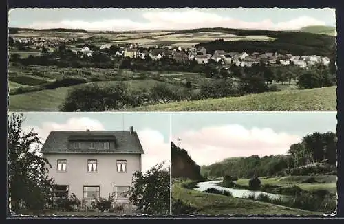 AK Falkenbach /Weilburg, Pension-Gasthaus zum Lahnfelsen, Flusspartie, Ortsansicht