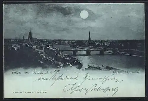 Mondschein-AK Frankfurt a. M., Ortsansicht mit Brücken aus der Vogelschau