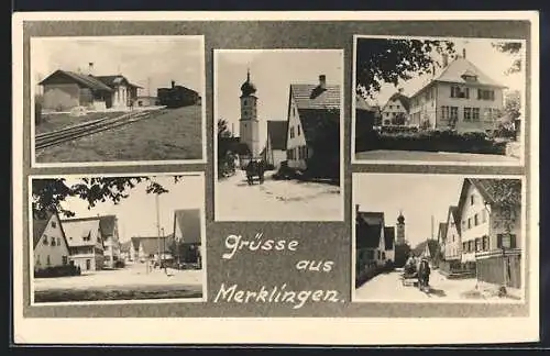 AK Merklingen / Blaubeuren, Zug im Bahnhof, Strassenpartie mit Blick auf den Kirchturm