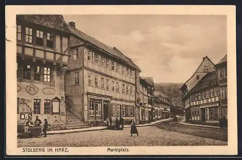 AK Stolberg / Harz, Gasthaus Rathskeller und Geschäfte am Marktplatz