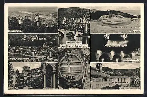 AK Heidelberg, Brücke und Schloss, Alte u. neue Universität, Thingstätte