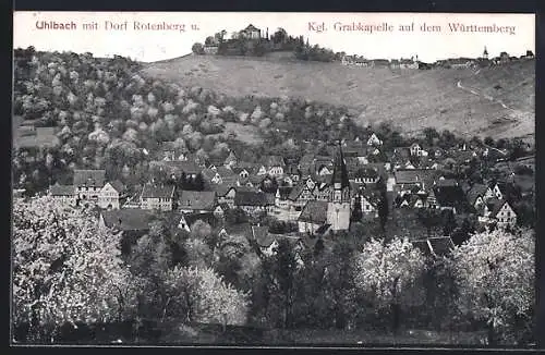 AK Uhlbach / Rotenberg, Ortsansicht mit Dorf Rotenberg u. Kgl. Grabkapelle auf dem Württemberg